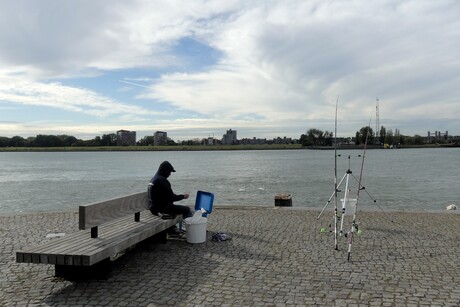 P1290917   Maassluis   Hoofd  . Visser  met 2 hengels maar nog geen beet 25 sept  2025 