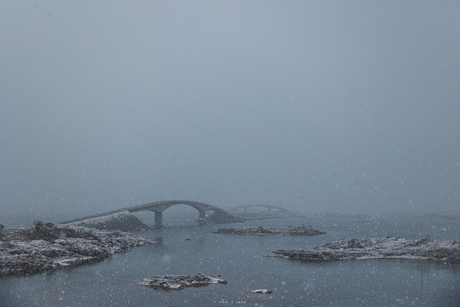 Sneeuwstorm op de Lofoten