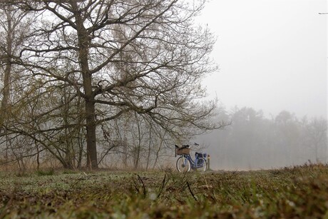 eenzame fiets in de mist