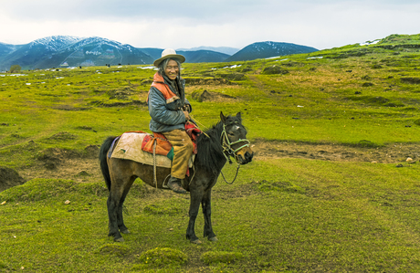 Inheemse man te paard in Inner-tibet, China