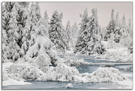 Stromende rivier door winterlandschap