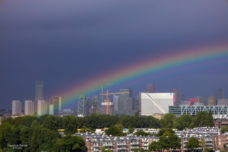 Donkere lucht en een regenboog 