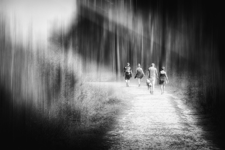 Wandelen in de zon in zwartwit 