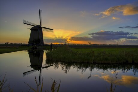 Zonstralen bij de molen.